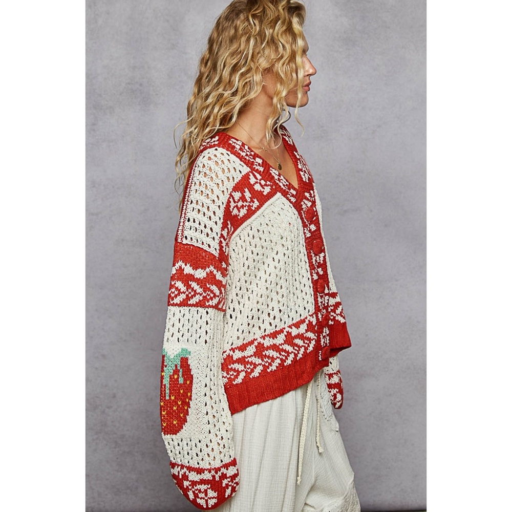 POL Cream Red Fair Isle Button Front Sweater Cardigan Strawberry Elbow Knit - Picture 3 of 9
